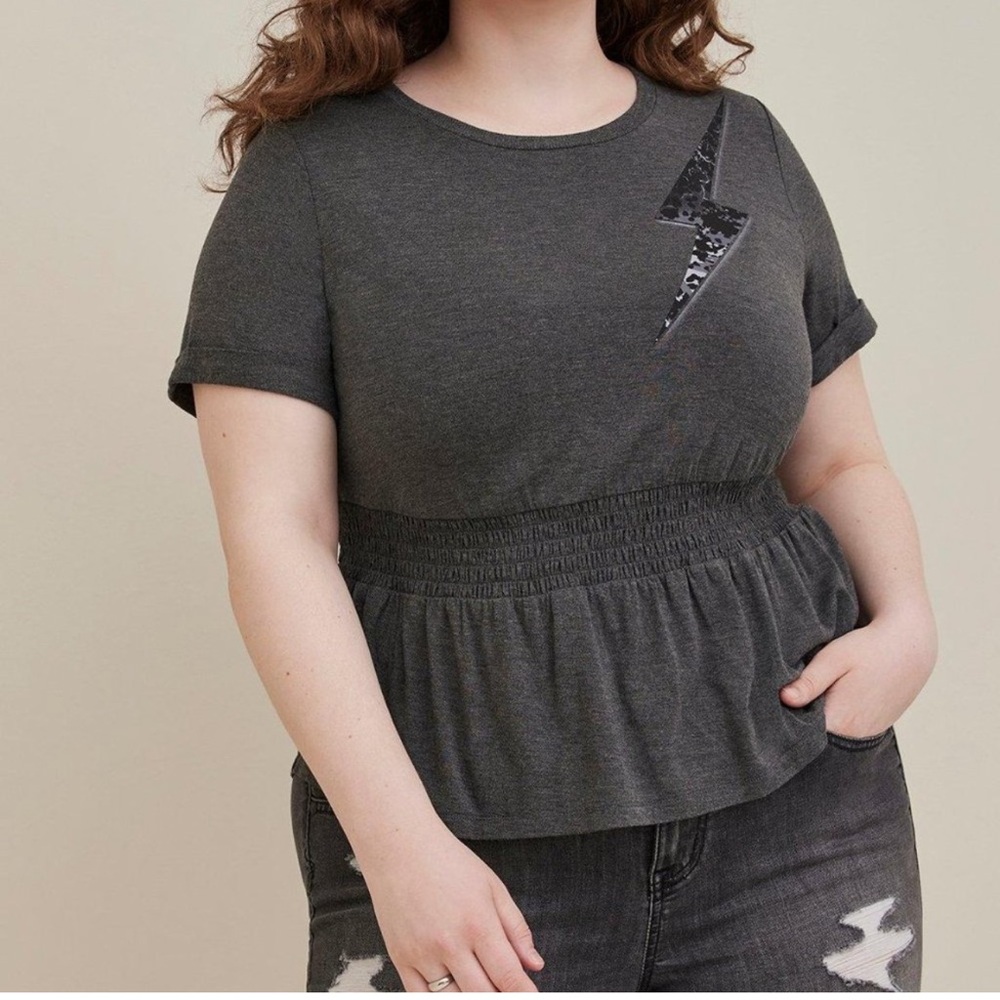Torrid LoveSick Camo Grey Smocked Crew T- Shirt Lightning Bolt 2X